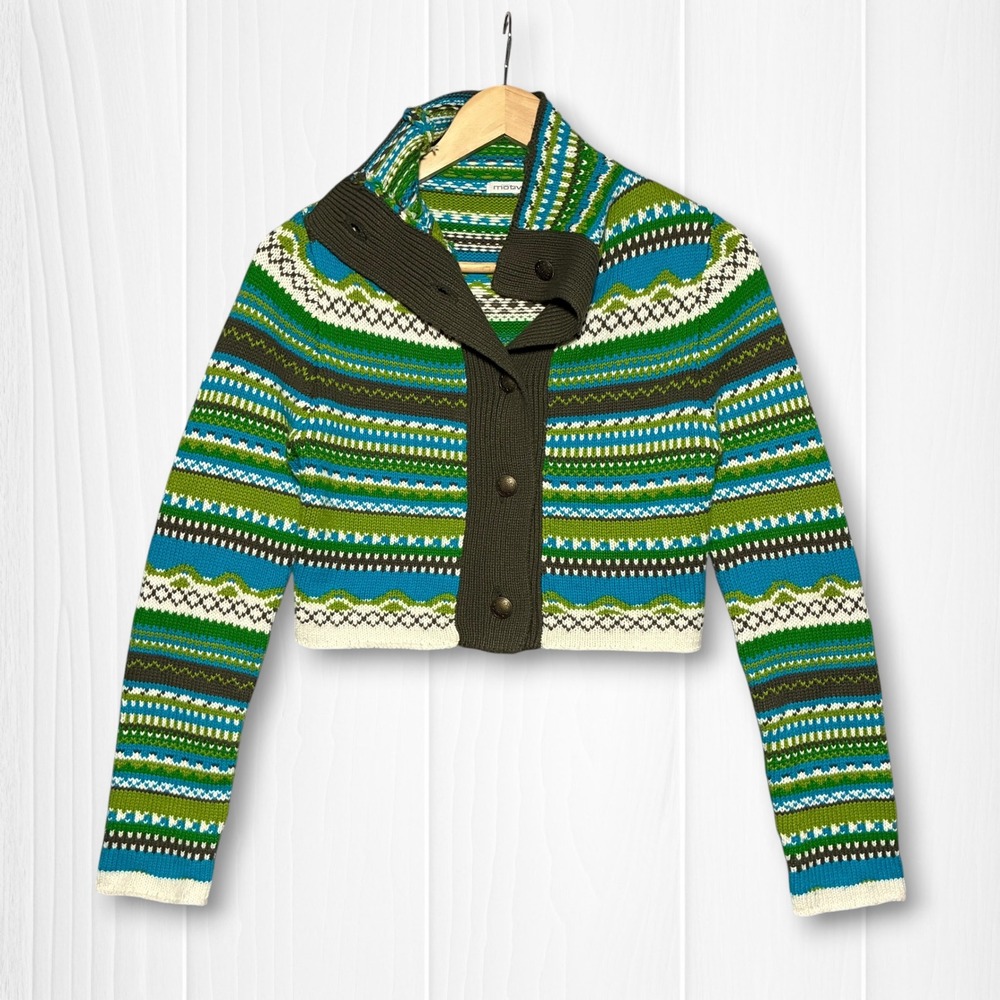 Motivi Fair Isle Cropped Button Front Cardigan Sweater Womens S Green Blue